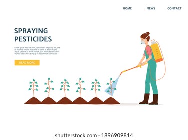 Spraying pesticides website interface with farmer spraying pesticide chemicals on plants in garden. Pest control worker with spray equipment, flat vector illustration. svg