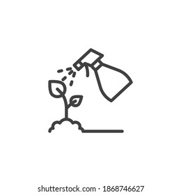 Spraying plant line icon. Plant sprinkle linear style sign for mobile concept and web design. Fertilizer spray bottle outline vector icon. Symbol, logo illustration. Vector graphics