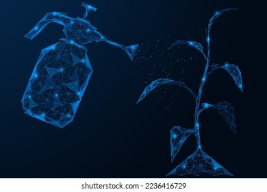 Spraying the plant. Polygonal design of interconnected lines and points. Blue background.