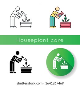 Spraying plants icon. Misting. Moisturizing, rehydrating, moistening. Houseplant care. Plant growing, planting. Indoor gardening. Linear black and RGB color styles. Isolated vector illustrations