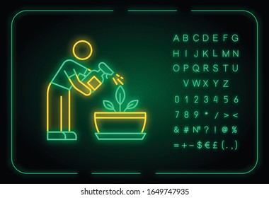 Spraying plants neon light icon. Misting. Moisturizing, rehydrating, moistening. Outer glowing effect. Sign with alphabet, numbers and symbols. Vector isolated RGB color illustration