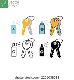 Spraying sanitizer for disinfection Keys as part of personal care. Coronavirus prevention. Flat outline icons of sanitizer for disinfection keys. Vector illustration. Design on white background. EPS10
