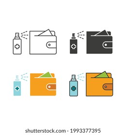 Spraying sanitizer for disinfection wallet part of personal hygiene. Covid-19 prevention. Flat outline icons of sanitizer for disinfection wallet. Vector illustration.Design on white background.EPS 10