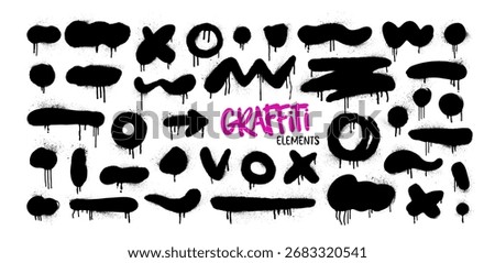 Spraypaint graffiti element set. Urban street art grunge brush stroke, dot, arrow and smears with drips and splatters. Dirty messy airy ink stroks, circles and blots. Vandal graphic elements.