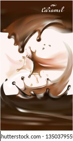 sprays caramel chocolate cappuccino coffee, vector 3d illustration isolated