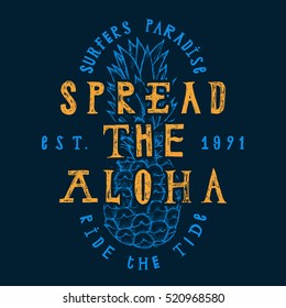 spread the aloha print. pineapple tropical label.