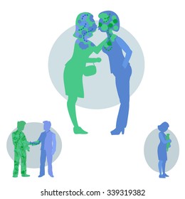 The spread of bacteria. Infection bacteria through kissing of two girls. Transmission of diseases through handshakes of two men. Infection from a pet. Layered vector illustration.