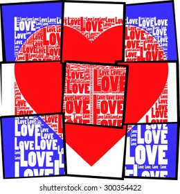 spread with broken background frame with love words together and red background heart illustration with cubic and pop art style vector print pattern. for fashion and graphic design. for fashion trends
