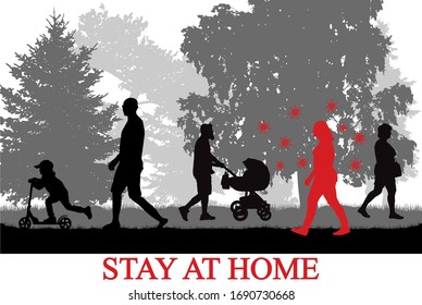 The spread of coronavirus among people, an infected woman walking in the park. Vector illustration