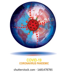 The spread of the coronavirus around the world. Vector concept illustration. The Earth shackled by the sprouts of a large octopus with a head in the form of a coronavirus cell. Capture of the planet.