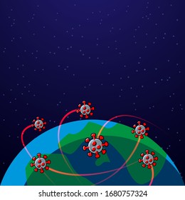 Spread of coronavirus cells COVID-19 under the planet Earth. Vector flat pandemic coronavirus banner template.