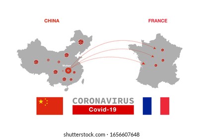 The spread of coronavirus from China to the France. Map of France and China with flags. Covid-19