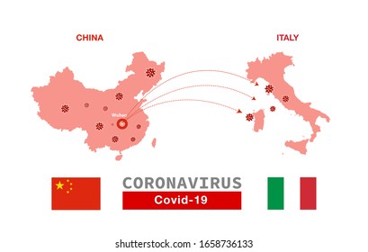 The spread of coronavirus from China to Italy. Map of Italy and China with flags. Covid-19