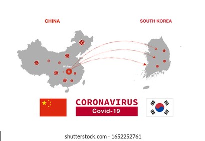 The spread of coronavirus from China to the South Korea. Map of South Korea and China with flags. Covid-19