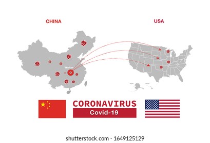 The spread of coronavirus from China to the United States. Map of USA and China with flags. Covid-19