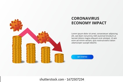 Auswirkungen auf die Wirtschaft des Koronavirus ausbreiten. Die Wirtschaft geht zurück und fällt. Schlagen Sie den Aktienmarkt und die Weltwirtschaft. 2019-nCoV-Virus. Gelddiagramm mit rotem Bärenpfeil