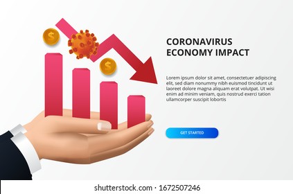 Spread coronavirus economy impact. Economy down and fall. Hit stock market and global economy. 2019-nCoV virus. red graph and red bearish arrow concept