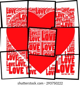 spread and cubic background, frame with love heart and Love Words together and pop art style red colors background with polka dots asymmetric and abstract vector print pattern. for fashion trends.