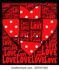 spread and cubic black background with love heart and Love Words together and pop art style red colors  with polka dots asymmetric and abstract vector print pattern. for fashion trends valentines day.