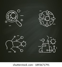 Difusión de los iconos de tiza de concepto de enfermedad. Covid19, enfermedad viral, estudio de educación sobre transmisión de gripe, análisis. Pandemia global, súper propagación. Ilustraciones vectoriales aisladas en pizarra