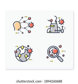 Spread of disease concept color icons set. Covid19, virus disease, influenza transmission education study, analysis. Global pandemic, super spreading. Isolated vector illustrations