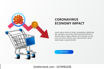 Spread economy impact of coronavirus. Downtrend business market. Illustration of 3d trolley with bearish arrow and nCoV 2019. landing page illustration