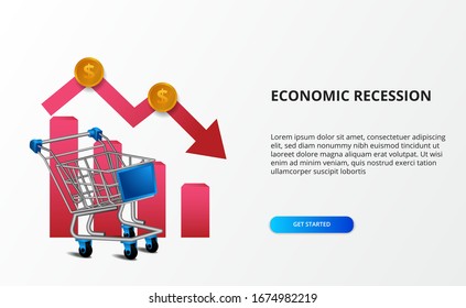 Spread economy impact and recession. Downtrend business market. Illustration of 3d trolley with bearish arrow. landing page economy depression illustration