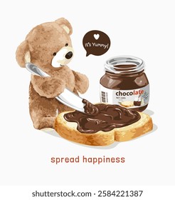 spread happiness slogan with bear doll with chocolate spread vector illustration