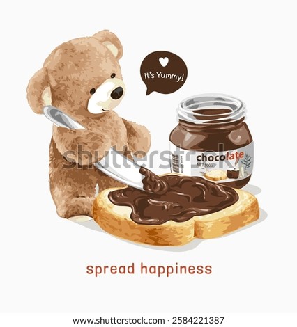 spread happiness slogan with bear doll with chocolate spread vector illustration