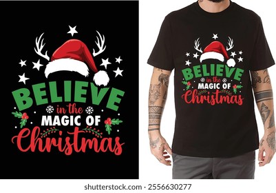 Spread the holiday cheer with this heartwarming Believe in the Magic of Christmas T-shirt! Featuring a festive Santa hat, antler accents, and sparkling stars, this design is the perfect way to celebra