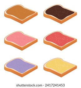 Spread jam on bread vector illustration. White sliced ​​bread. Delicious toast. Bakery elements. Chocolate, strawberry, peanut and other flavors.