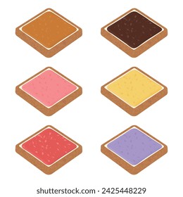 Spread jam on bread vector illustration. White sliced ​​bread. Delicious toast. Bakery elements. Chocolate, strawberry, peanut and other flavors.