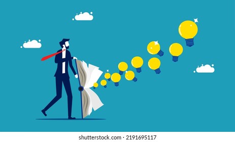difundir conocimiento y creatividad. Un hombre de negocios abre un libro de creatividad. vector