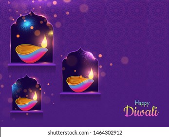 Spread lighting in corner with oil lamp on purple background for Happy Diwali purple card or poster design.