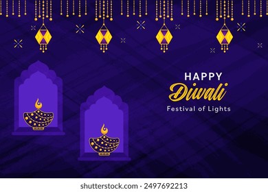 Spread lighting in corner with oil lamp on purple background with lanterns for Happy Diwali purple card or poster design.