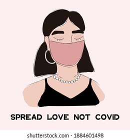 spread love not covid wear a mask girl pencil watercolor drawing quote card