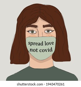 spread love not covid wear a mask girl pencil watercolor drawing quote card