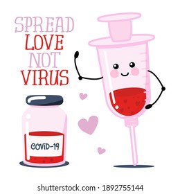 Amor de habla, no Virus - Saludo gracioso con un lindo personaje de vacuna. Afiche del Día de San Valentín 2021 con texto para bloqueo de cuarentena automática. Jeringa, concepto de vacuna médica. PARAR Coronavirus (2019-ncov).