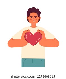 Spread love to others flat concept vector spot illustration. Caucasian man holding heart in hands 2D cartoon character on white for web UI design. Be kind isolated editable creative hero image