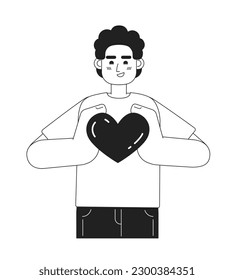 Difundir el amor a otros conceptos monocromos de ilustración de manchas vectoriales. Hombre caucásico sosteniendo el corazón en las manos personaje de dibujos animados 2D planos bw para diseño de interfaz de usuario web. Estar aislado, editable, imagen de héroe dibujada a mano