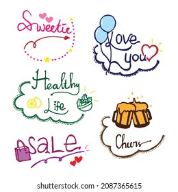 Spread love and positivity with this set of colorful hand-drawn lettering quotes. Featuring phrases like "Sweetie," "Love You," "Healthy Life," "Cheers," and "Sale," these designs are perfect for gift