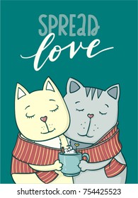 Spread love. Print with cats in love. Vector illustration 