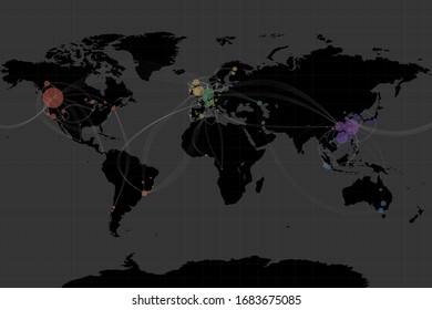 spread and mutation of coronavirus strains, an epidemic of viral infection in the world. Map of the world and the foci of infection, pandemic coronavirus