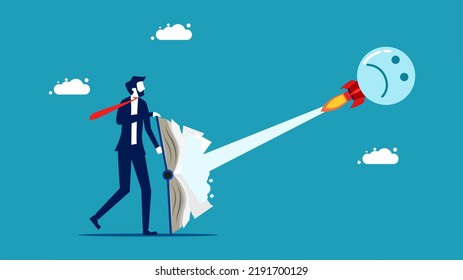 Spread negative thoughts in the book. Businessman launching a negative thinking rocket