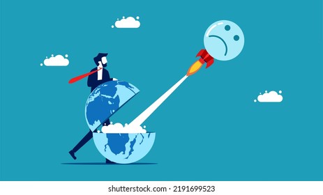 Spread negative thoughts in the world. businessman launch negative thoughts rocket
