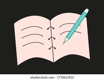 Spread of a notebook with abstract inscriptions. The pen writes on the paper. Vector illustration. Concept education office.