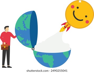 Spread positive thoughts in the world. businessman launch positive thinking rocket

