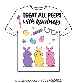 Spread positivity with this "Treat All Peeps with Kindness" design! Perfect for t-shirts and mugs, this trendy vector design is great for gifts, print-on-demand, and digital downloads