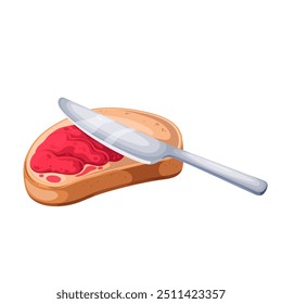 Espalhe a geleia de framboesa na fatia de desenho animado do pão com a faca. Fazendo torrada com geleia de morango. Sanduíche de manhã de cozinha para mascote de chá, desenho animado delicioso pedaço de pão e marmelada vetor ilustração