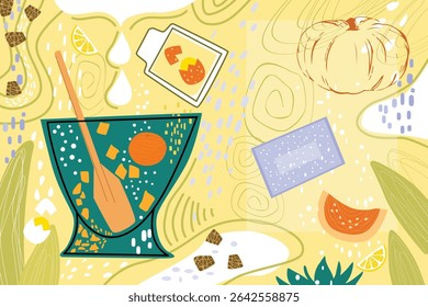 Uma propagação de receitas com ingredientes para um queijo cottage e caçarola de abóbora
